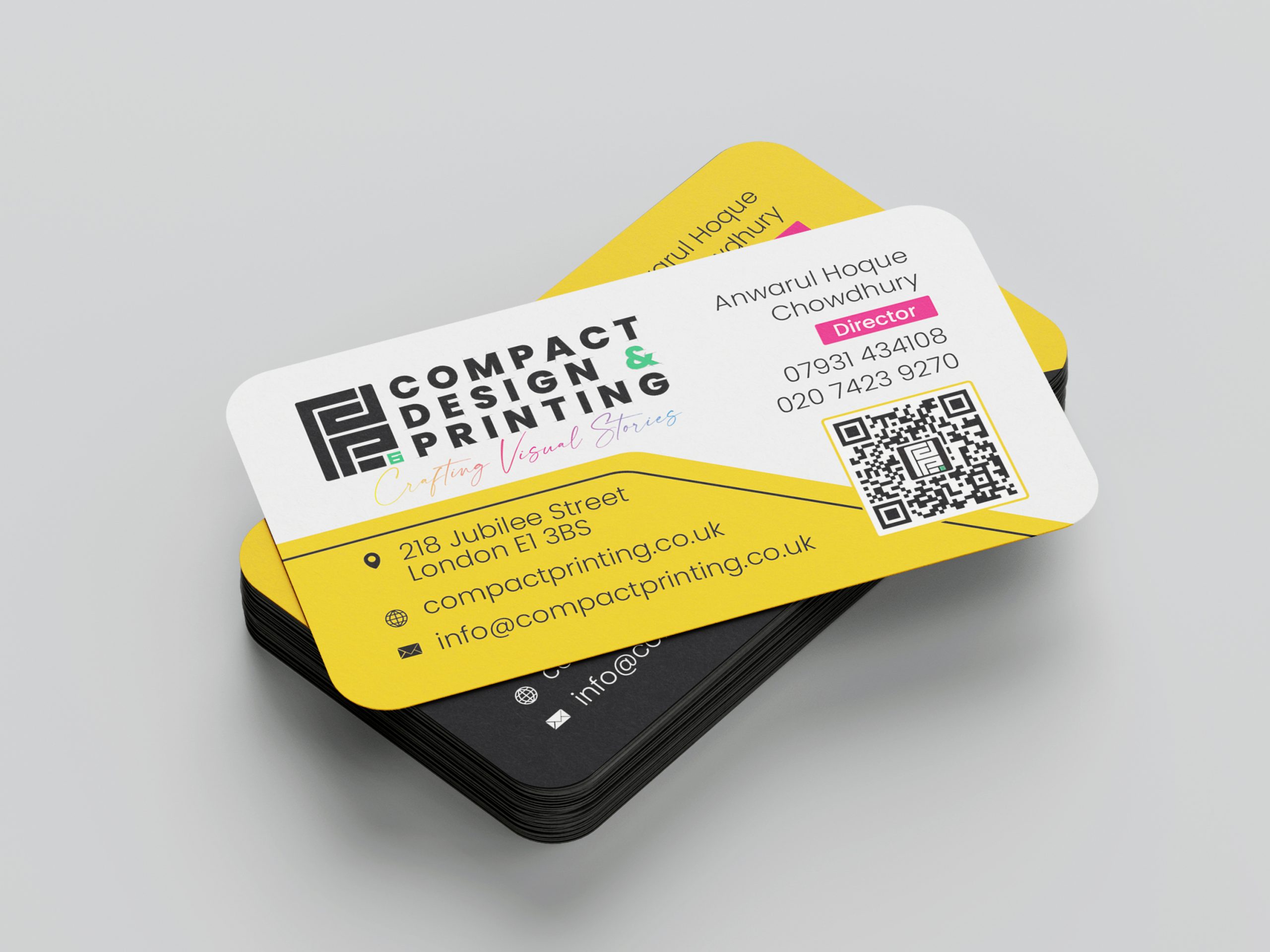 A professionally designed business card with a sleek, modern aesthetic, featuring vibrant colors and sharp details, representing the high-quality printing services of Compact Design & Printing